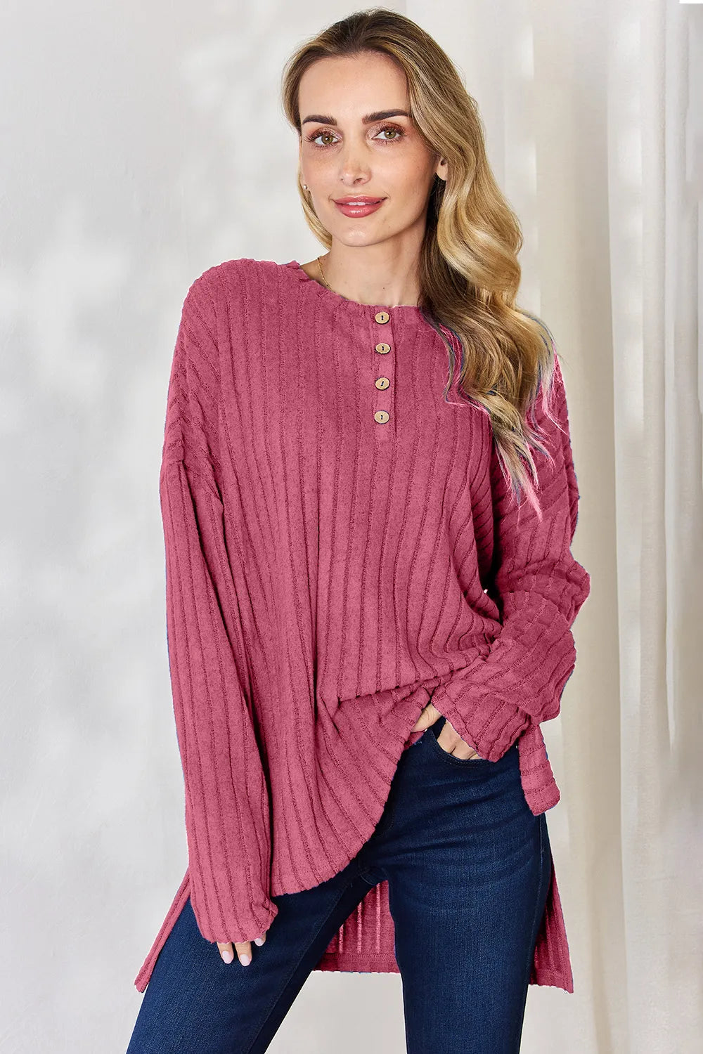 BASIC BAE FULL SIZE RIBBED HALF BUTTON LONG SLEEVE HIGH-LOW T-SHIRT