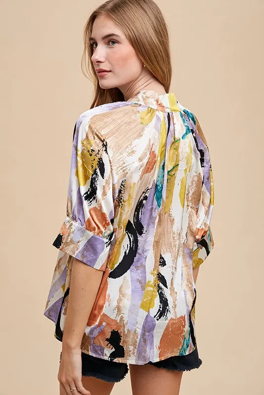 ANNIE WEAR MULTI COLOR PRINTED V-NECK OPEN WOVEN BLOUSE TOP