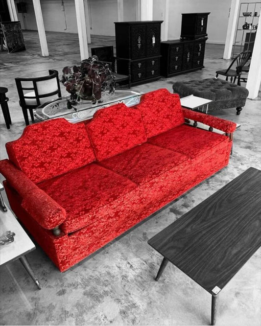 MID CENTURY MODERN RED VELVET SOFA SLEEPER-Thriftique Marketplace