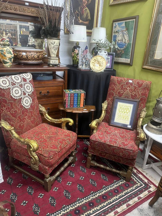 PAIR ANTIQUE RED/GOLD CHAIRS