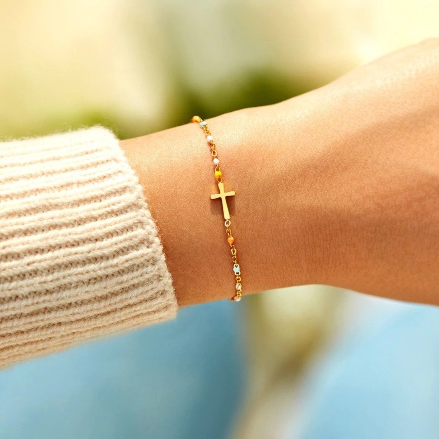 18K GOLD-PLATED CROSS BEAD BRACELET-Thriftique Marketplace