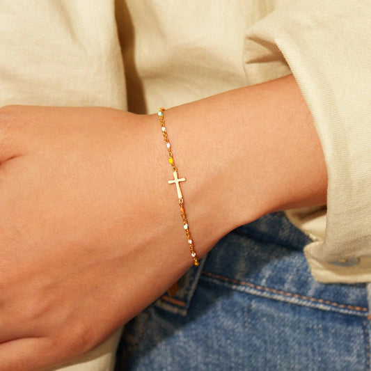 18K GOLD-PLATED CROSS BEAD BRACELET-Thriftique Marketplace