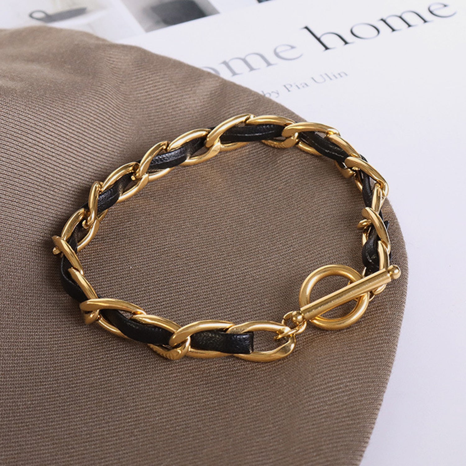 18K Gold-Plated Leather Chain Bracelet-Thriftique Marketplace