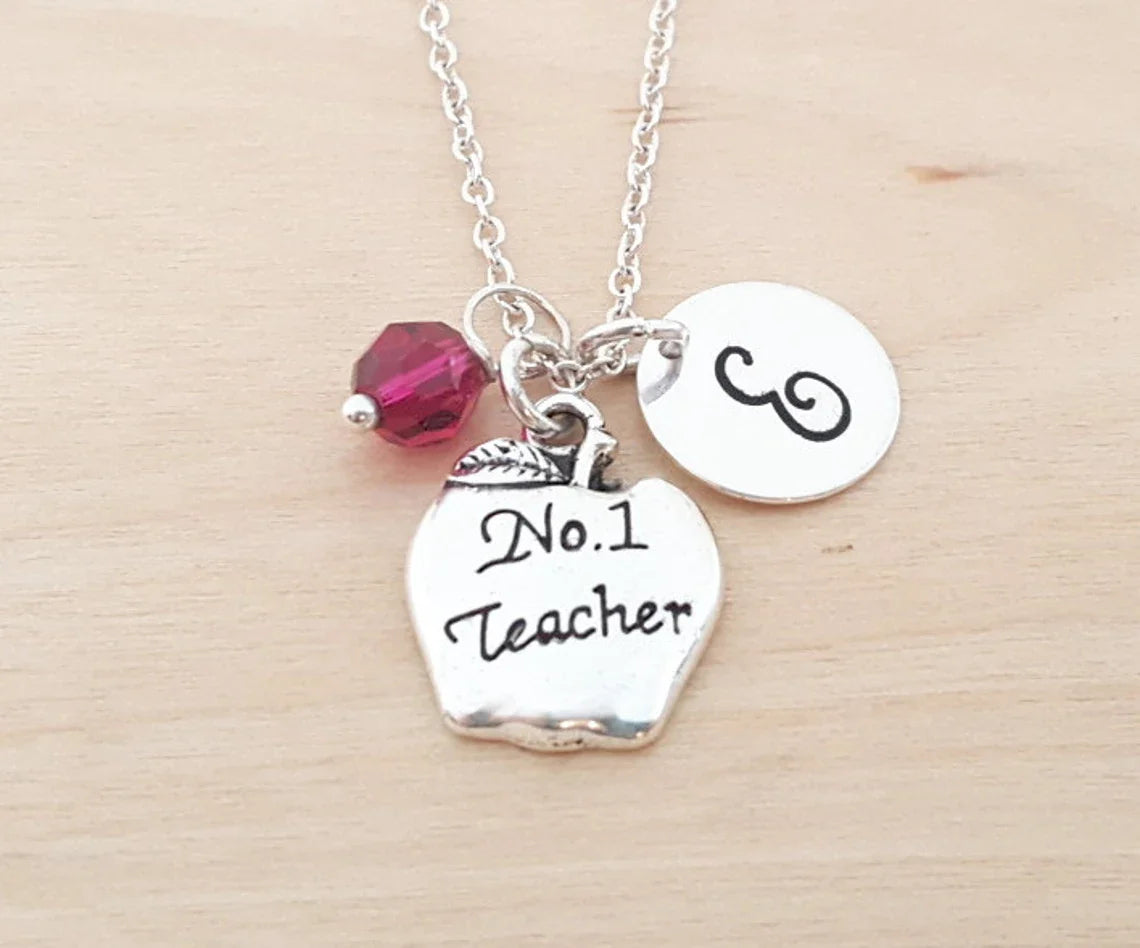 #1 TEACHER NECKLACE – STERLING SILVER CHAIN WITH BIRTHSTONE & INITIAL