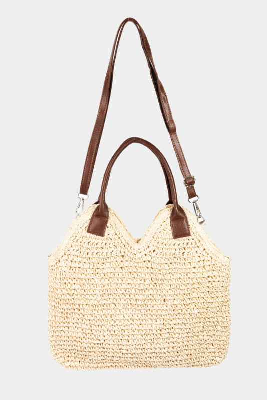 FAME STRAW BRAIDED FAUX LEATHER STRAP SHOULDER BAG