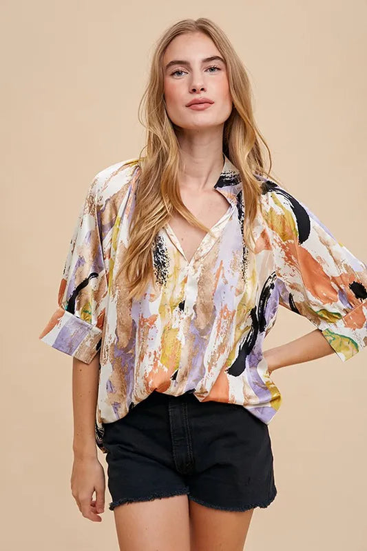 ANNIE WEAR MULTI COLOR PRINTED V-NECK OPEN WOVEN BLOUSE TOP