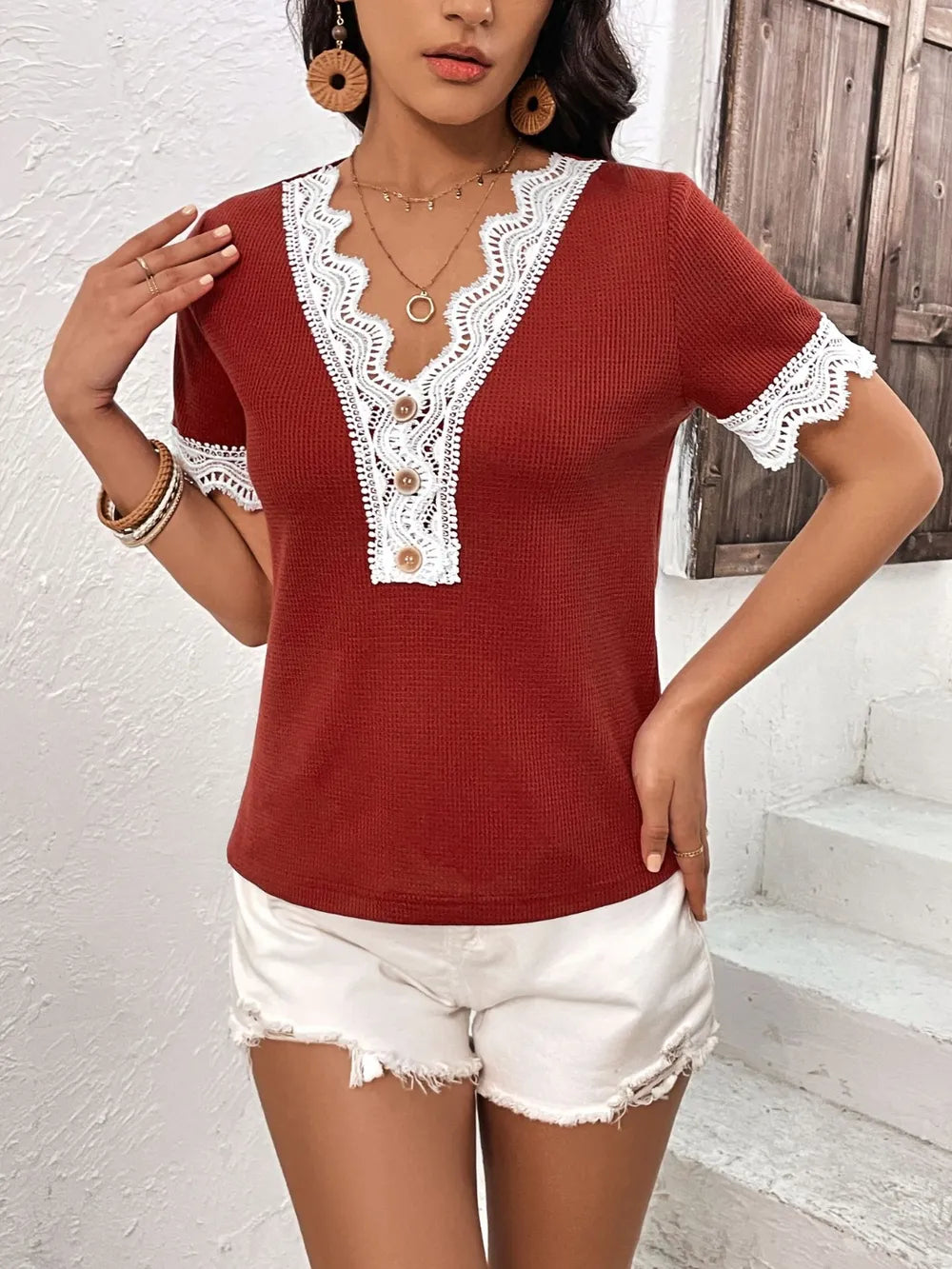 IVY LANE LACE DETAIL V-NECK SHORT SLEEVE T-SHIRT