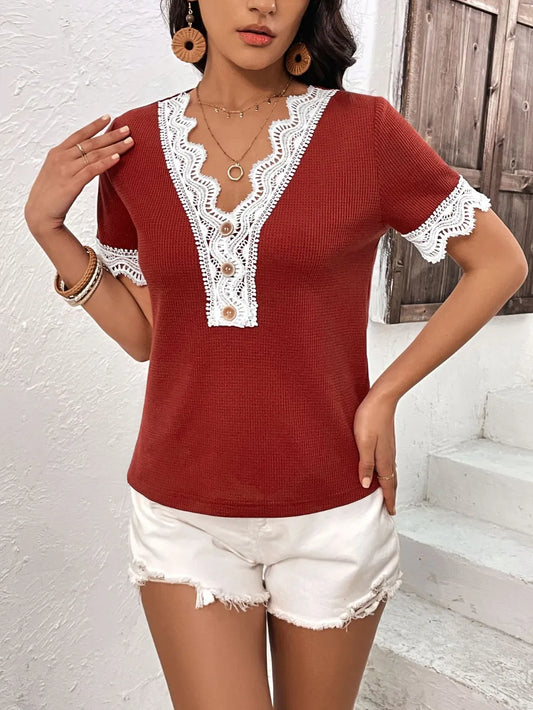 IVY LANE LACE DETAIL V-NECK SHORT SLEEVE T-SHIRT