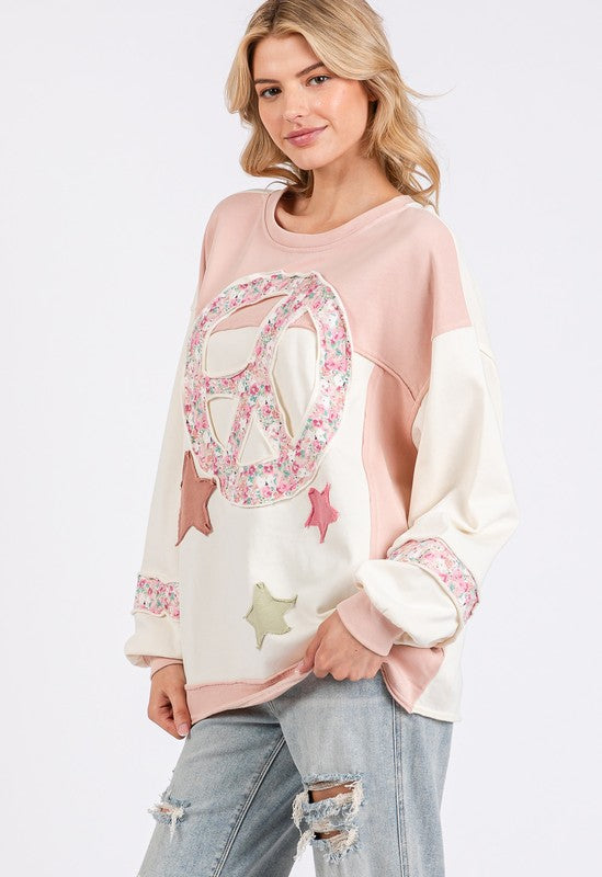 SAGE + FIG PEACE & STAR PATCH CONTRAST ROUND NECK SWEATSHIRT