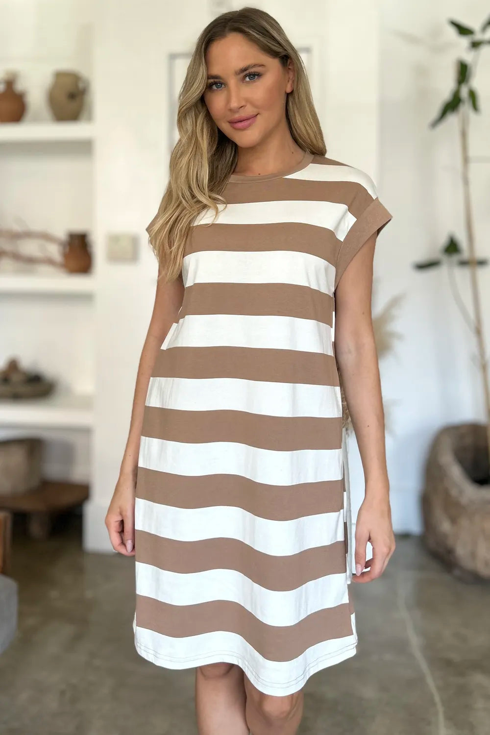 BASIC BAE FULL SIZE STRIPED ROUND NECK CAP SLEEVE MINI DRESS