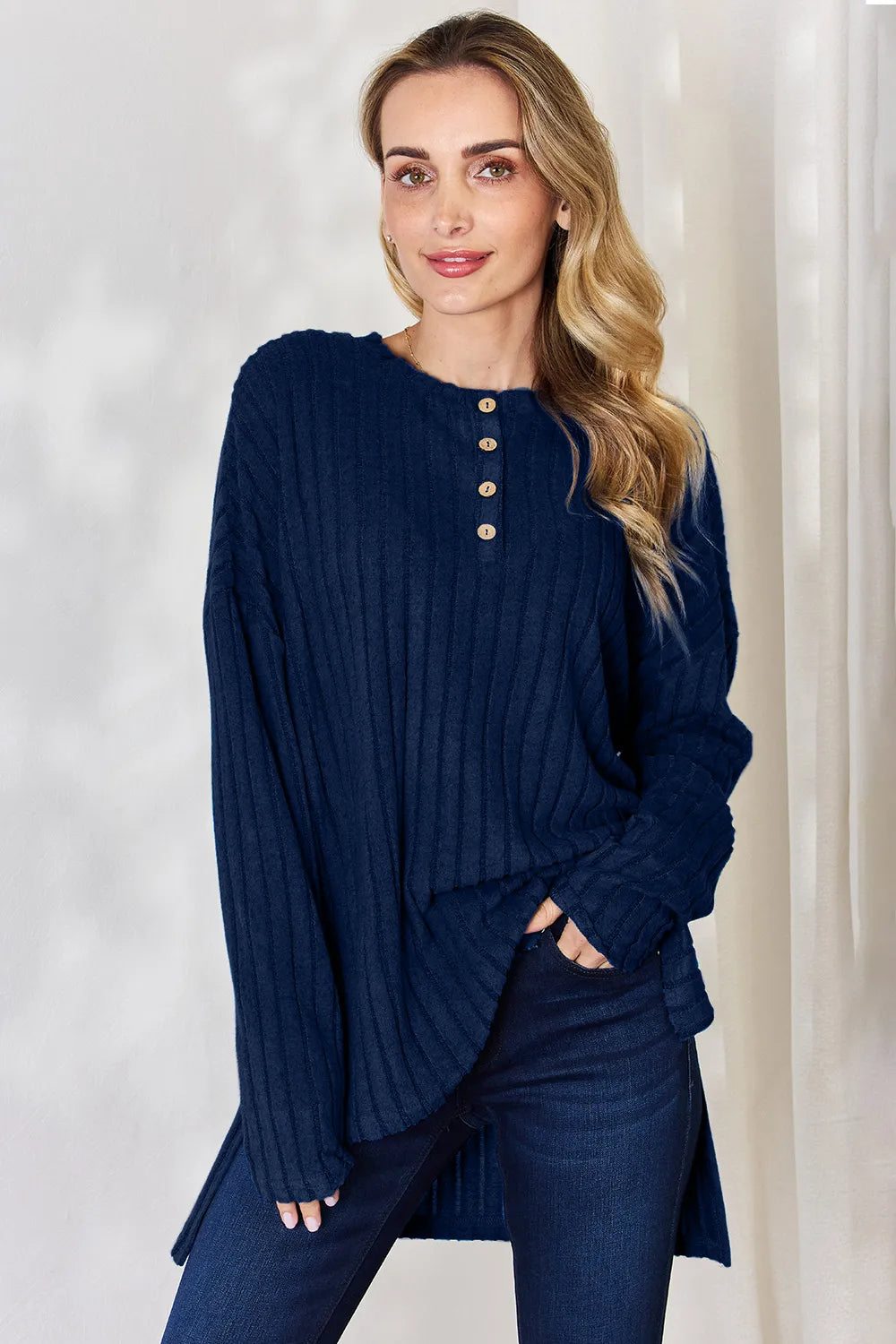 BASIC BAE FULL SIZE RIBBED HALF BUTTON LONG SLEEVE HIGH-LOW T-SHIRT