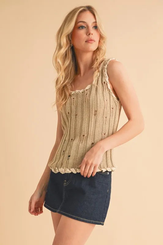 AEMI+CO DISTRESSED DETAIL ROUND NECK KNIT TANK