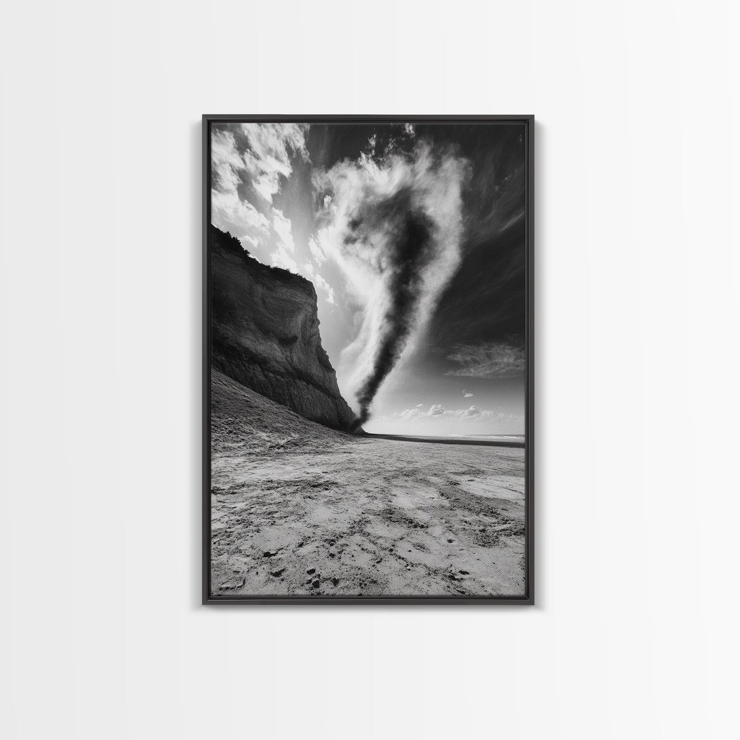 TORNADO BEACH SCENE, STORMY SKIES, BLACK AND WHITE DRAMA, NATURE PHOTOGRAPHY, FRAMED CANVAS PRINT, OFFICE WALL ART, MOODY MINIMALIST DECOR