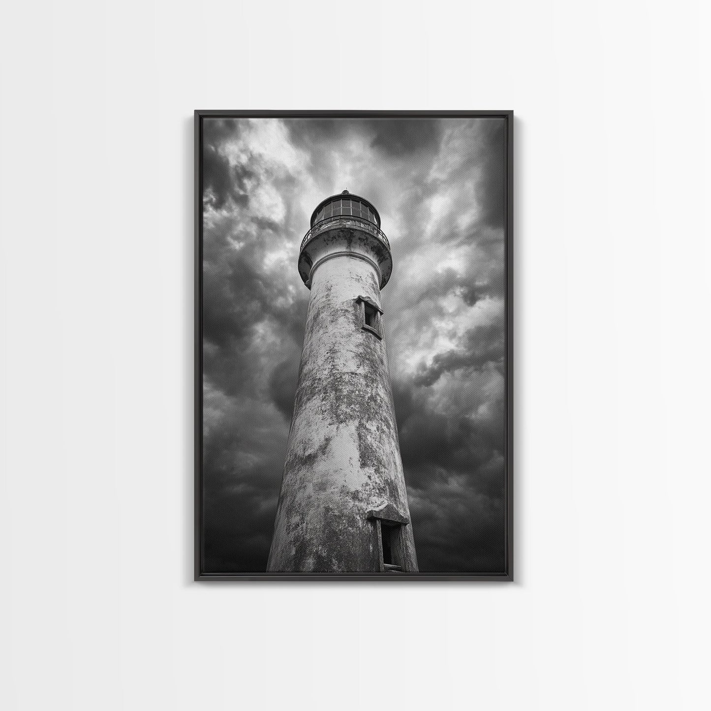 STORMY LIGHTHOUSE CLOSEUP, DRAMATIC SKIES, WEATHERED BEACON, CANVAS PRINT, COASTAL DECOR, DARK NAUTICAL WALL ART, MOODY OCEAN THEME