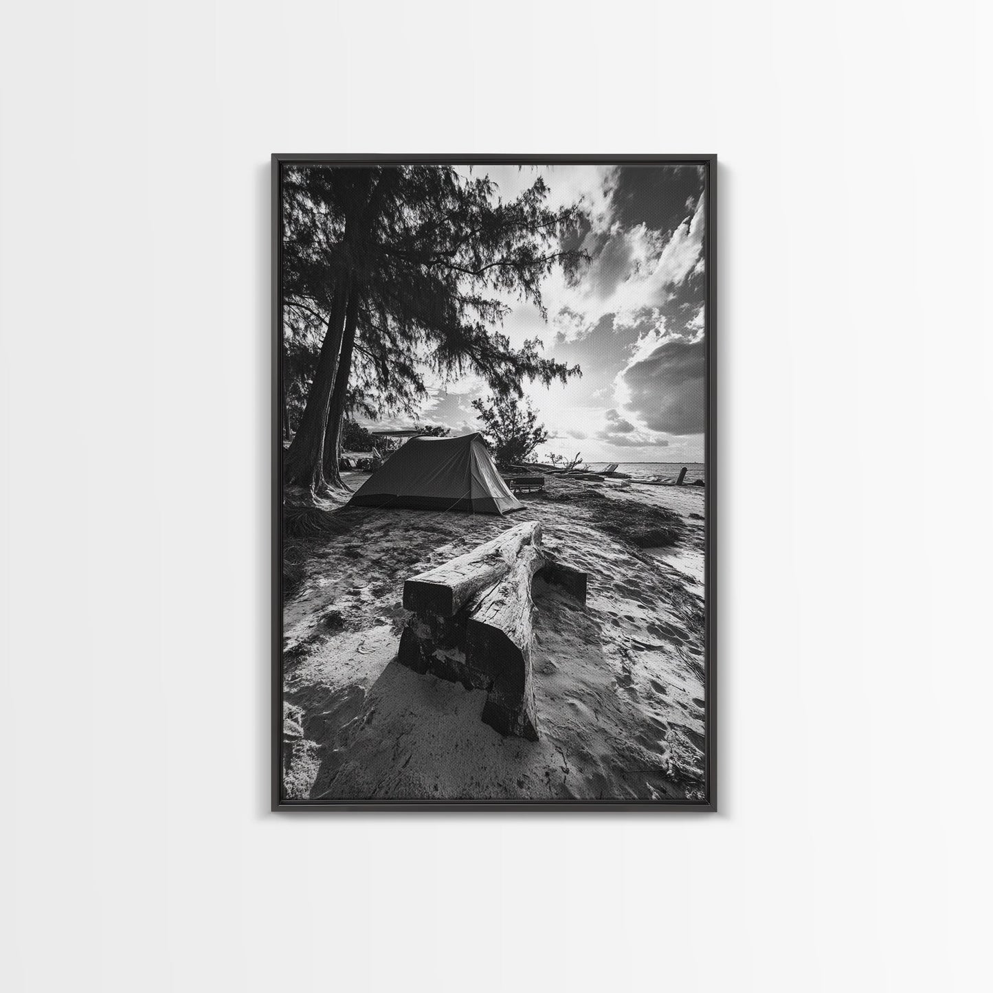 TENT, BEACH, SUNSET, TREES - RUSTIC CAMPING COASTAL ESCAPE VIBE, FRAMED CANVAS PRINT, IDEAL BEDROOM OR ADVENTURE NURSERY DECOR, OUTDOOR ART