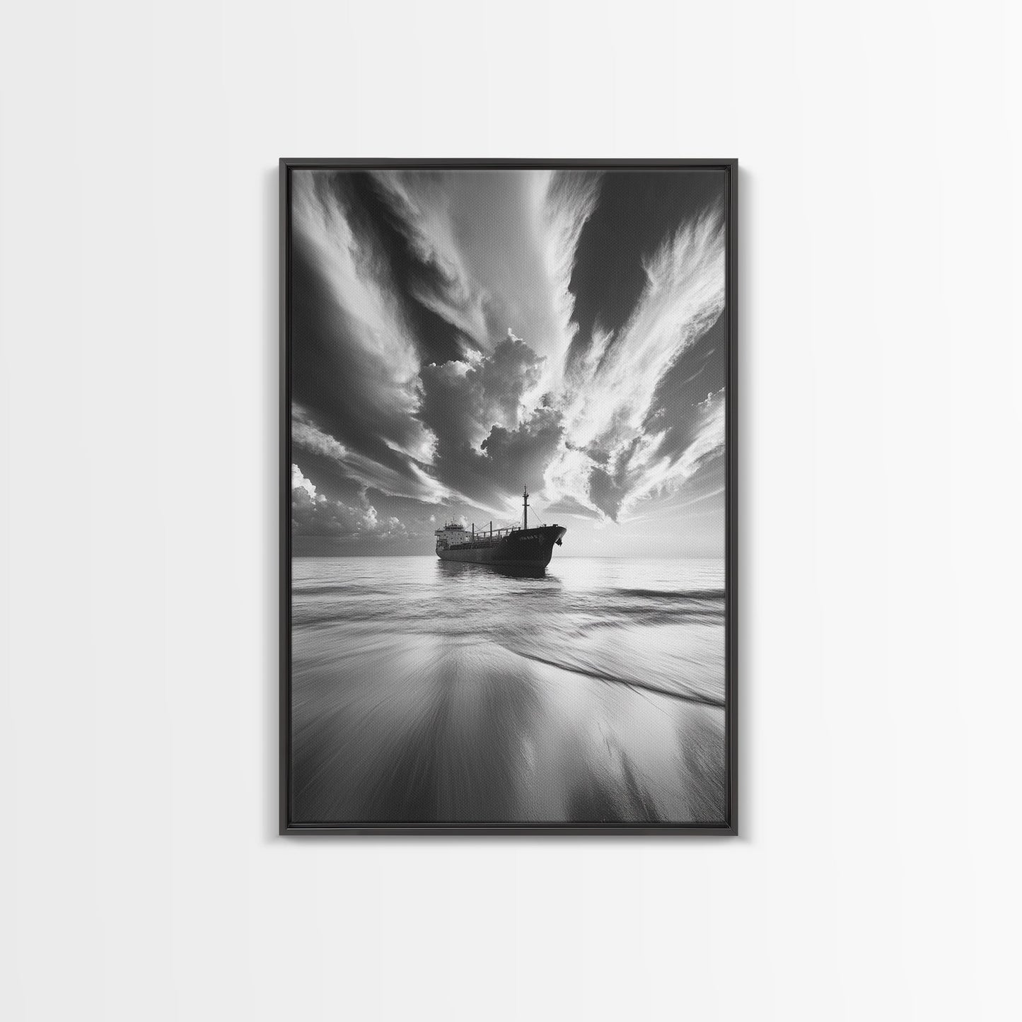 STORMY SKY SHIP, DRAMATIC SEASCAPE, BLACK WHITE PHOTOGRAPHY, OCEAN NAUTICAL DECOR, FRAMED CANVAS PRINT, COASTAL WALL ART, MOODY MINIMALIST