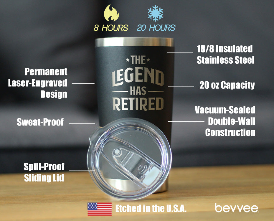 THE LEGEND HAS RETIRED - INSULATED COFFEE TUMBLER CUP WITH SLIDING LID - STAINLESS STEEL INSULATED MUG - FUNNY RETIREMENT GIFTS FOR BOSS OR COWORKERS