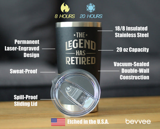 THE LEGEND HAS RETIRED - INSULATED COFFEE TUMBLER CUP WITH SLIDING LID - STAINLESS STEEL INSULATED MUG - FUNNY RETIREMENT GIFTS FOR BOSS OR COWORKERS