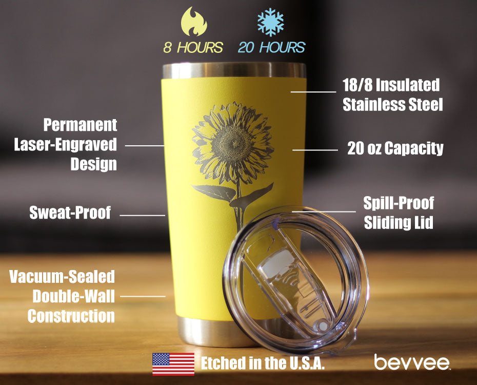 SUNFLOWER - INSULATED COFFEE TUMBLER CUP WITH SLIDING LID - STAINLESS STEEL INSULATED MUG - FLOWER DÉCOR GIFTS