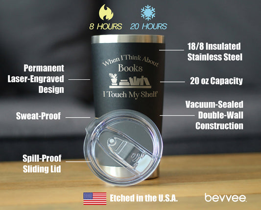 TOUCH MY SHELF - INSULATED COFFEE TUMBLER CUP WITH SLIDING LID - STAINLESS STEEL INSULATED MUG - FUNNY OUTDOOR CAMPING MUG FOR LOVERS OF BOOKS AND READERS