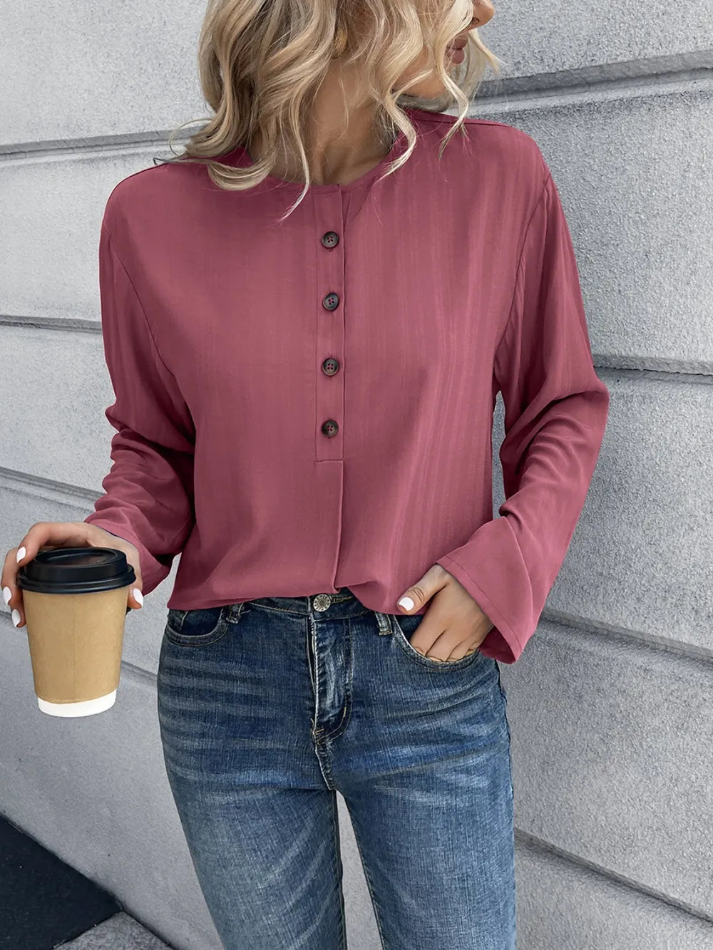 IVY LANE HALF BUTTON LONG SLEEVE BLOUSE