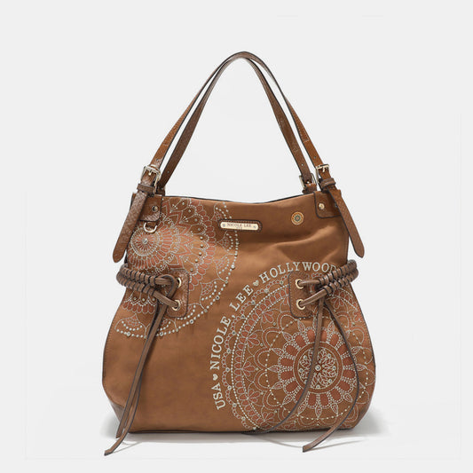 NICOLE LEE USA SIDE BRAIDED TASSEL INLAID RHINESTONE EMBROIDERY HOBO BAG