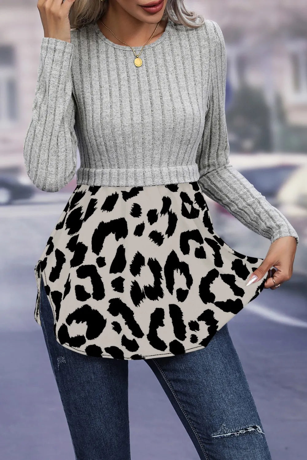 IVY LANE LEOPARD PEPLUM ROUND NECK BLOUSE
