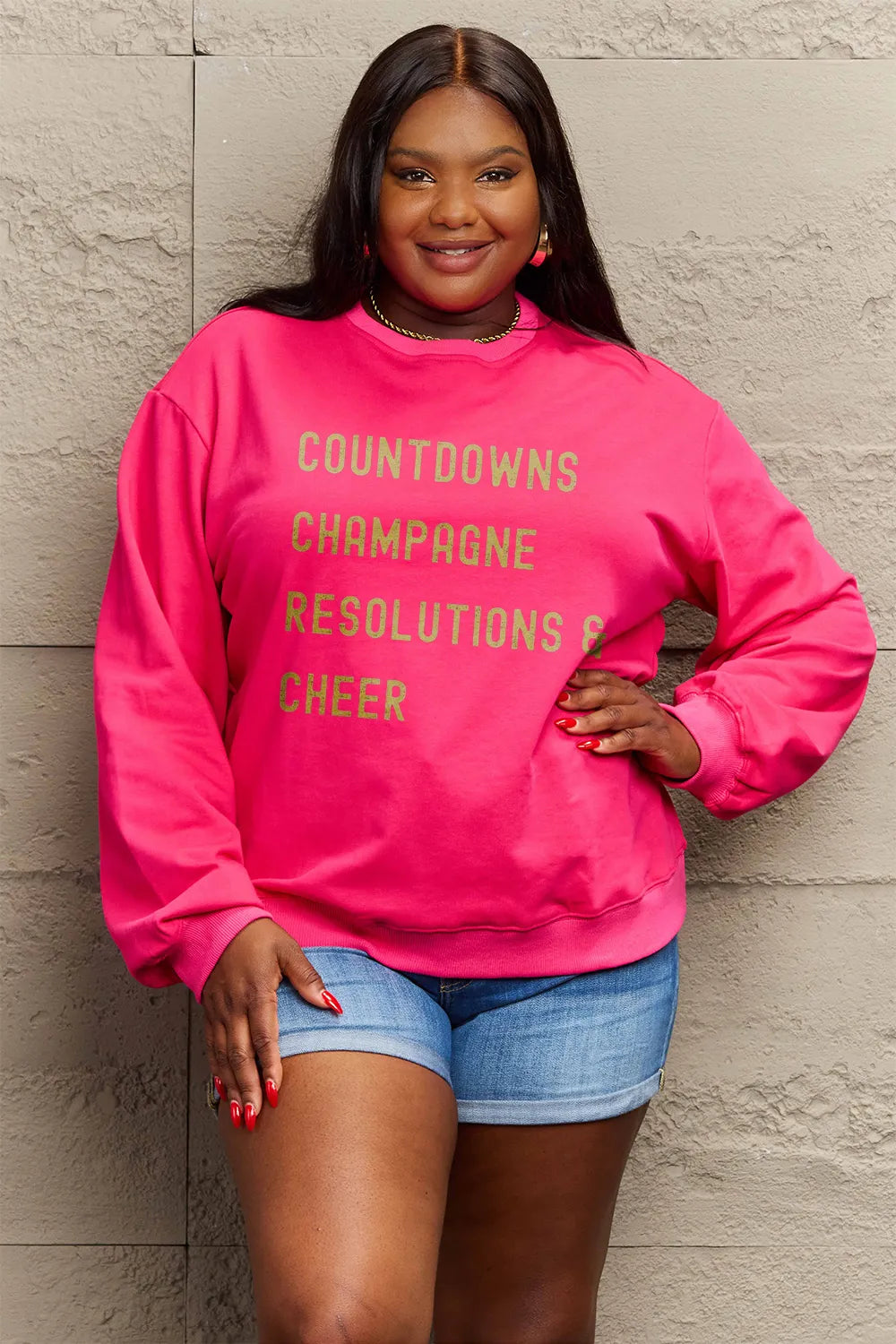 SIMPLY LOVE FULL SIZE COUNTDOWNS CHAMPAGNE RESOLUTIONS & CHEER ROUND NECK SWEATSHIRT