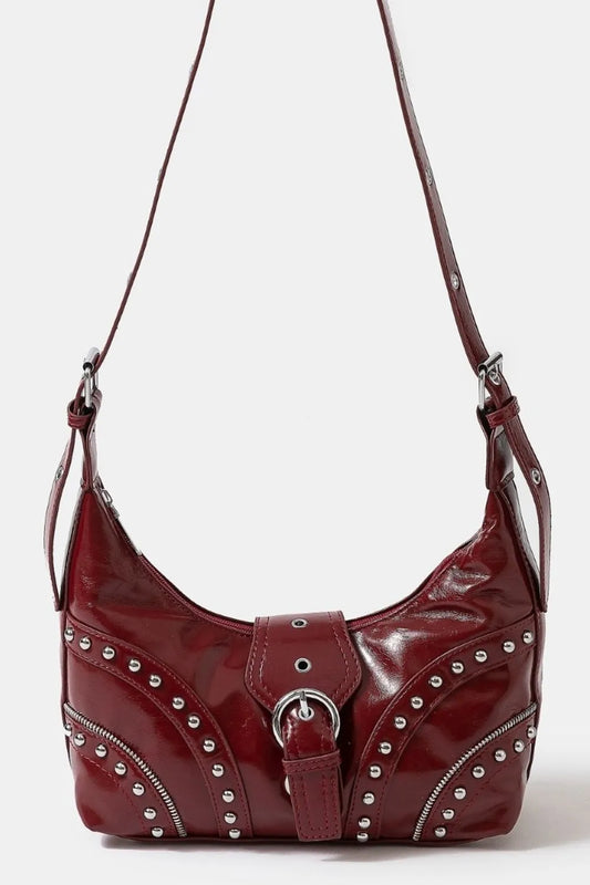 FAME FAUX LEATHER STUDDED TRIM SHOULDER BAG
