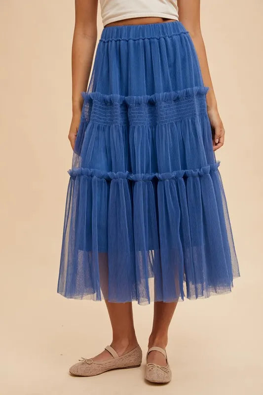 ANNIE WEAR TULLE TIERED MIDI SKIRT