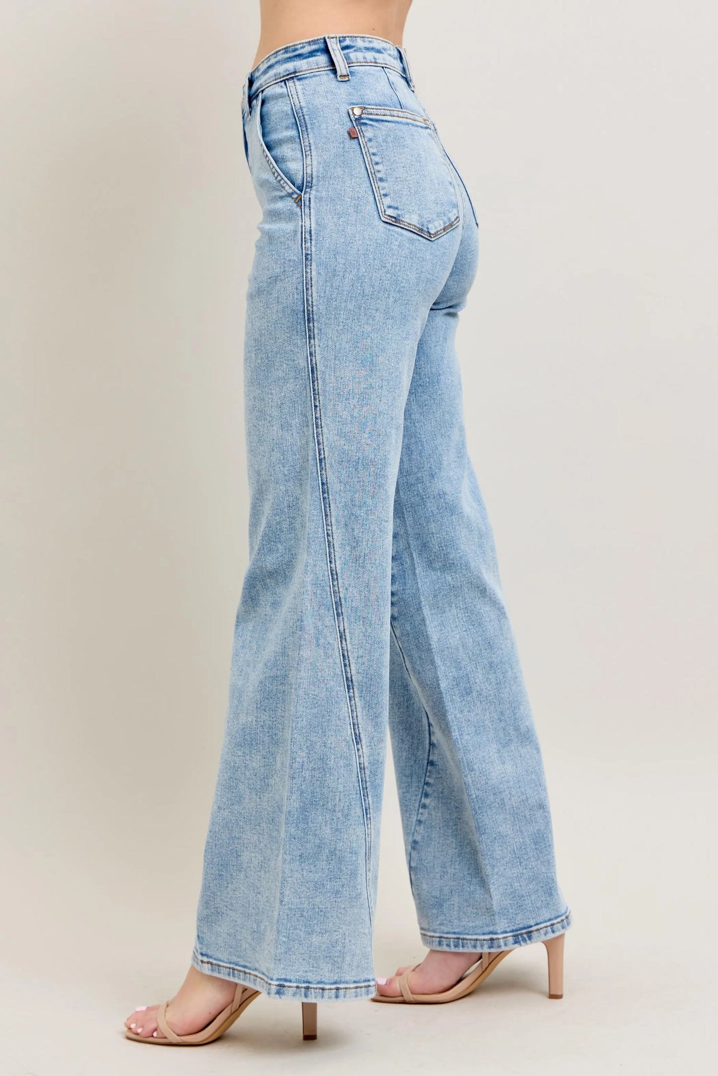 JUDY BLUE FULL SIZE HIGH WAIST WIDE LEG JEANS WITH SKEWED INSEAM PLUS SIZE