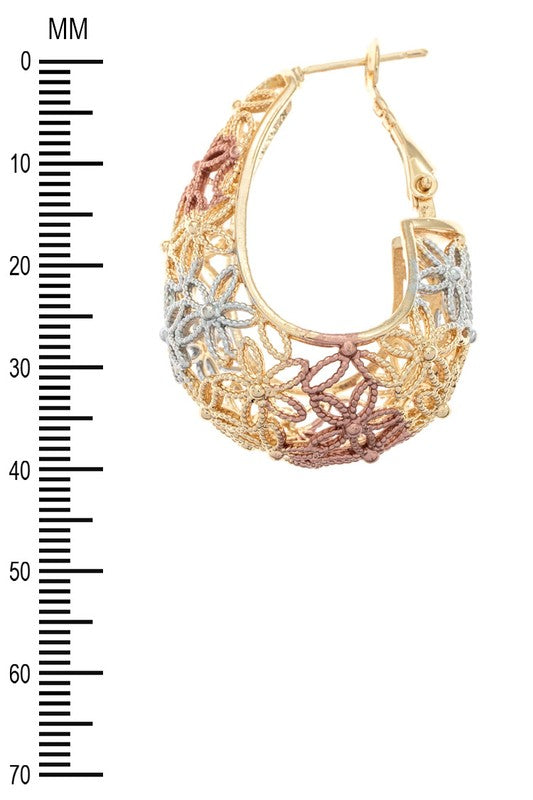 3 TONE TEXTURED LASER CUT 3D HOOP EARRINGS