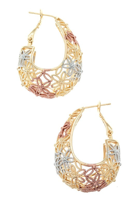 3 TONE TEXTURED LASER CUT 3D HOOP EARRINGS