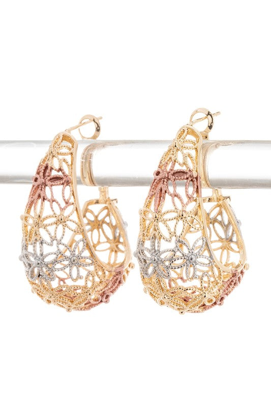 3 TONE TEXTURED LASER CUT 3D HOOP EARRINGS