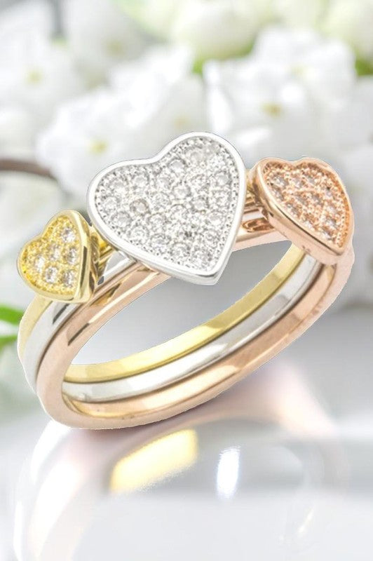 3 TONE CZ HEART TRIPLE RING