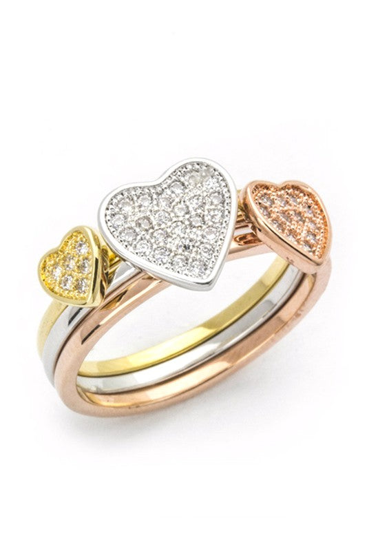 3 TONE CZ HEART TRIPLE RING