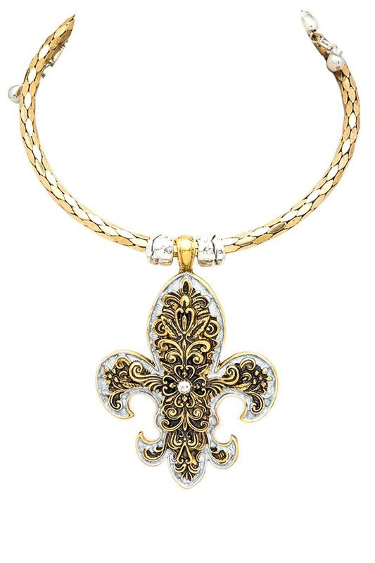 2 TONE FLEUR DE LIS PENDANT COLLAR NECKLACE