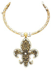 2 TONE FLEUR DE LIS PENDANT COLLAR NECKLACE