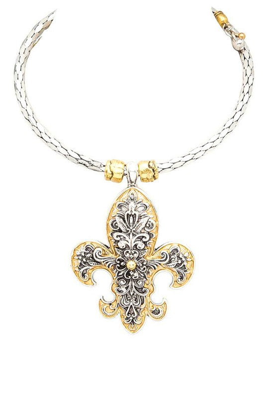 2 TONE FLEUR DE LIS PENDANT COLLAR NECKLACE
