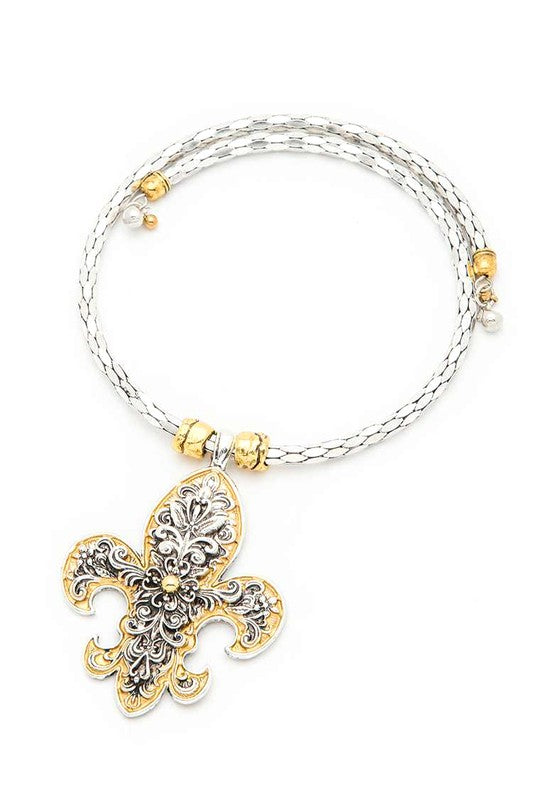2 TONE FLEUR DE LIS PENDANT COLLAR NECKLACE