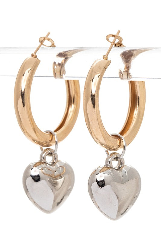 2 TONE HEART CHARM HOOP EARRINGS