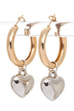 2 TONE HEART CHARM HOOP EARRINGS