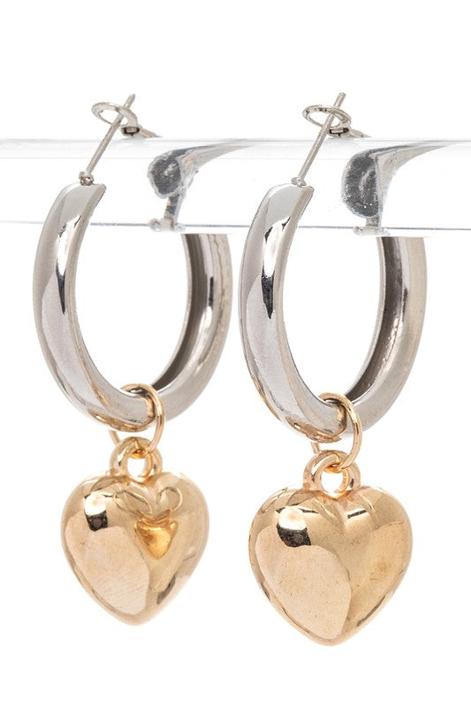 2 TONE HEART CHARM HOOP EARRINGS