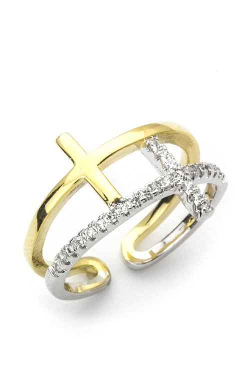 2 TONE CZ CROSSES RING