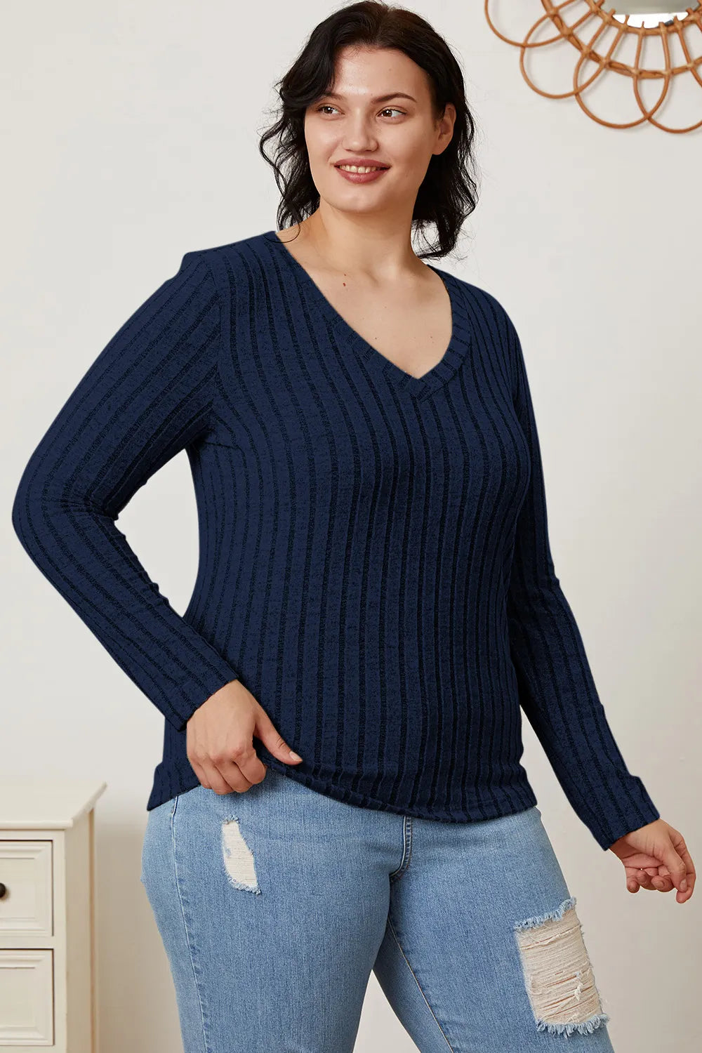 BASIC BAE FULL SIZE RIBBED V-NECK LONG SLEEVE T-SHIRT
