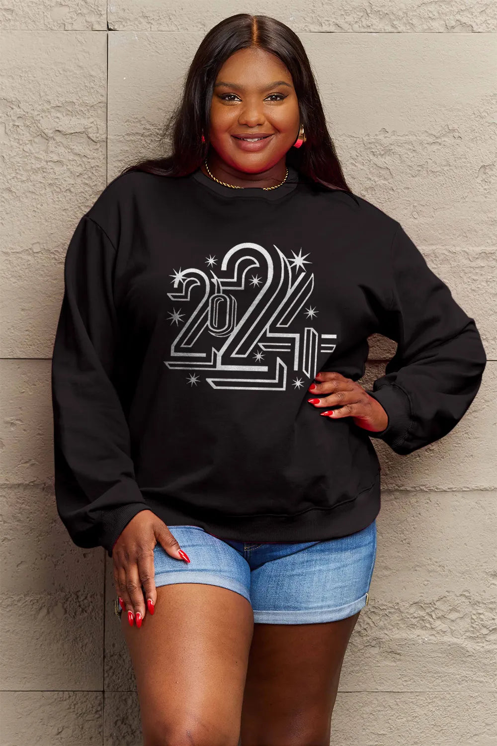 SIMPLY LOVE FULL SIZE 2024 ROUND NECK DROPPED SHOULDER SWEATSHIRT