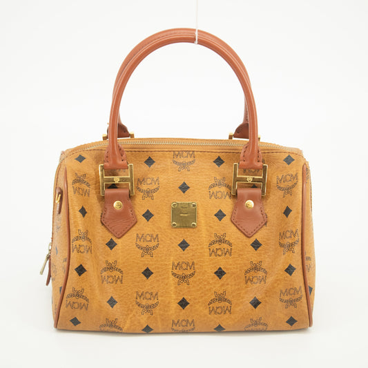 MCM Brown Monogam Visetos Pattern PVC x Leather Boston Bag #2451