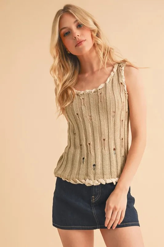 AEMI+CO DISTRESSED DETAIL ROUND NECK KNIT TANK