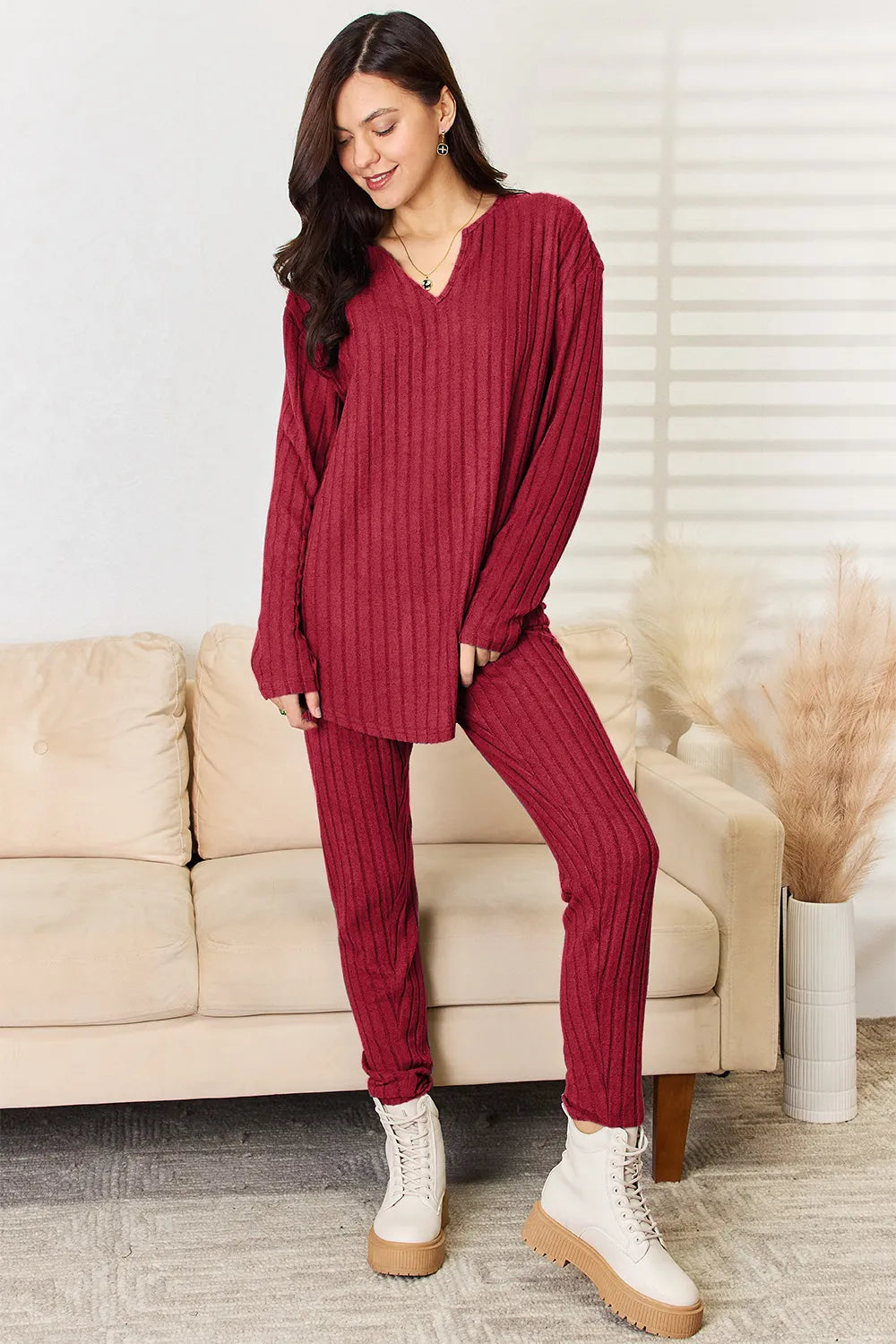 BASIC BAE FULL SIZE NOTCHED LONG SLEEVE TOP AND PANTS SET