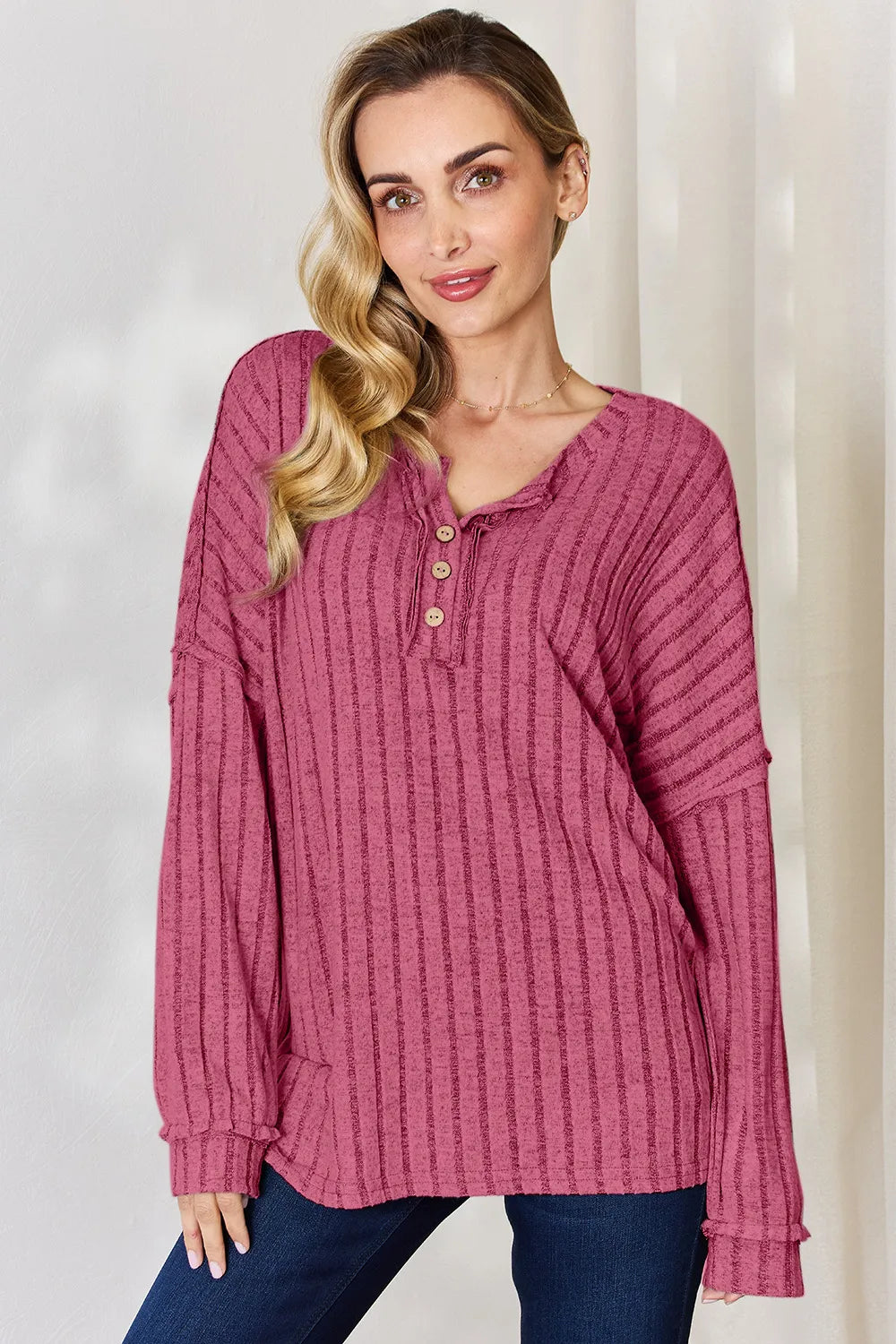 BASIC BAE FULL SIZE RIBBED HALF BUTTON LONG SLEEVE T-SHIRT